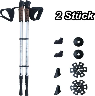 Produktbild von VOSSBACH® Alu Nordic Walking Teleskop Stöcke inkl. 12 Aufsätze Wanderstöcke Trekkingstock Aluminium Trekking Wander Gehstock Silber