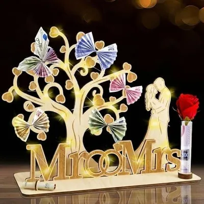 Produktbild von Geldgeschenk Hochzeit Holz mit LED Lichterkette,Hochzeitsgeschenke für Brautpaar Geld Verpackung mit Karte,Herzförmiges Romantisches Geschenk zum Hochzeit Hochzeitstag Brautpaar