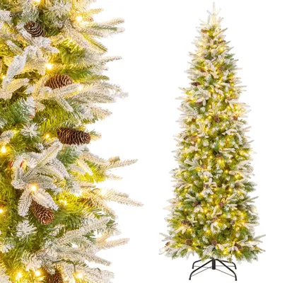 Zdjęcie produktu dla Sztuczne drzewko bożonarodzeniowe o wysokości 225 cm, z oświetleniem i efektem śniegu. Drzewko w kształcie świerka, wyposażone w 350 diod LED, 75 szyszek i 913 końcówek gałęzi