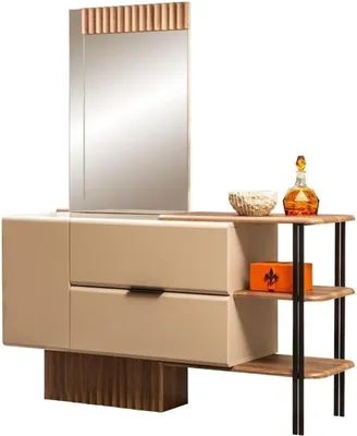 Produktbild von Schlafzimmer Garnitur Doppelbett Nachttische Beige Stoff 4tlg Schminkttisch