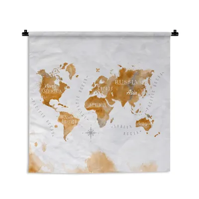 Produktbild von MuchoWow® Wandteppich Wandbehang Karte - Gold - Welt 60x60 cm Tapisserie Dekoration Wandtuch - Dekorationen - Wand Decke