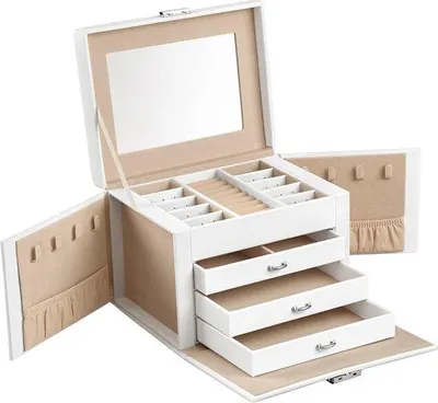 Produktbild von Reise-Schmuckbox mit 4 Ebenen, Schmuckbox mit Griff, 3 Fächer, Schmuckbox mit Spiegel, Schloss, Reiseschmuck für Reisen, modern, Geschenkidee, klassisch weiß JBC159W01