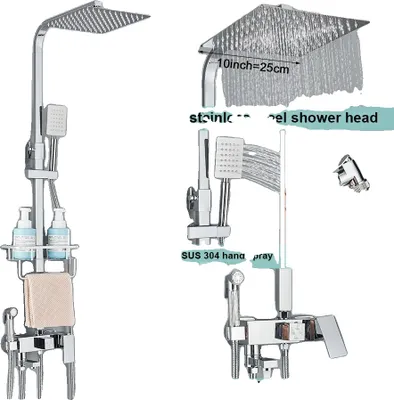 A collage of images showing a chrome shower fixture set with various components and close-ups.