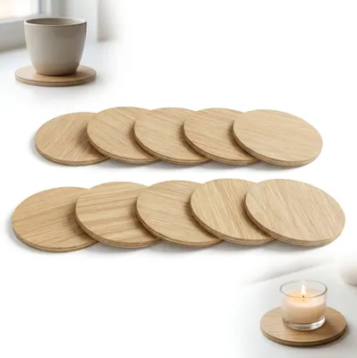 Produktbild von Tassenuntersetzer aus Holz, 10 Stück, aus Eichensperrhol, Durchmesser 9 cm