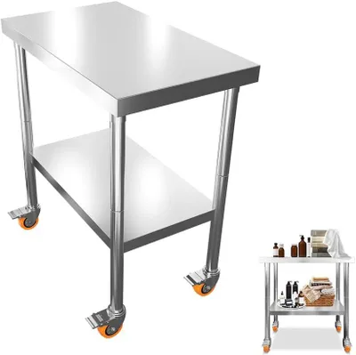 Produktbild von QEENTOE Edelstahl Arbeitstisch 61x60x85cm, Mobiler Küchentisch mit 2 Ebenen und Rollen, Edelstahl Vorbereitungstisch für Küche, Gastronomie und Gewerbe