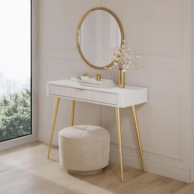 Productafbeelding van Make-uptafel console FLORE, 100 cm, wit, goud, met 1 lade