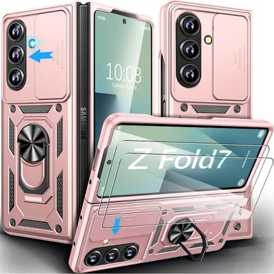 Image de Coque + 2 Verres Trempés pour Samsung Galaxy Z Fold 7, avec Anneau et Protection Caméra Coulissante - Rose