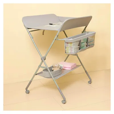 Produktbild von Wickeltisch mit Rollen, Wickeltisch Klappbar mit 4-stufiger Höhenverstellung & Ablage für Neugeborene, Kleinkinder 80x63x103cm (Hellgrau)