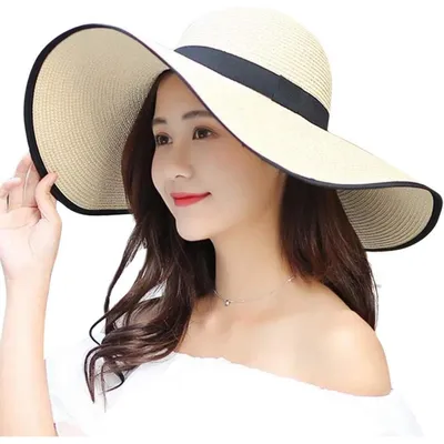 Productafbeelding van Zonnehoed dames, brede rand, strik, opvouwbaar, one size, stijl: D-beige