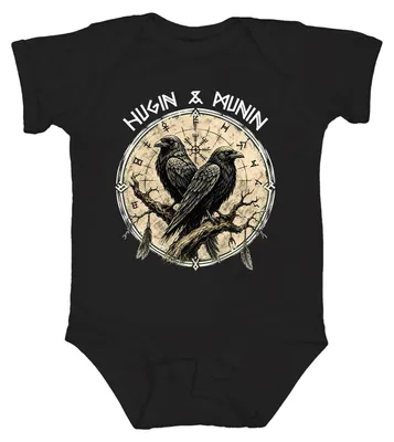 Immagine prodotto di Body per neonato con immagini dei corvi Huginn e Muninn di Odino, simbolo del Vegvisir e rune, mitologia nordica, colore nero, taglia 3/6 mesi