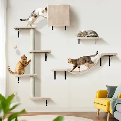 Katzenkletterwand 10-teilig, stabil, mit Hängematte & Kratzbäumen