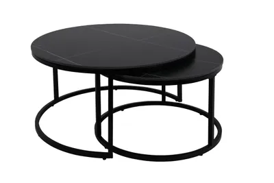 Two nesting round coffee tables with black tops and black metal frames, shown against a white background.