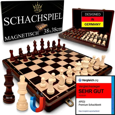Produktbild von APEQi® Premium Schach MAGNETISCH - Schachspiel Holz hochwertig [38x38cm], Massivholz, 2 Extra-Damen, Geschenkidee - klappbares Schachbrett aus Holz
