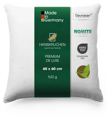 Produktbild von HANSKRUCHEN Kopfkissen Daunen 90% 60x60 cm Allergiker freundlich 3 Kammern Daunenkissen waschbar PREMIUM DE LUXE -  Germany