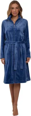 Productafbeelding van Unyqoos® Damesbadjas met rits – Blauw, fleece, zacht en warm, met riem en zakken, reliëfprint, maat 4XL (60–62)