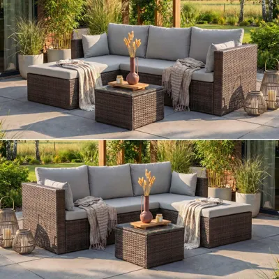 Produktbild von BEAUTYSOFA | SEVILLA Polyrattan Gartenlounge Braun – Gartenmöbel Set, Ecksofa, Ecklounge mit Couchtisch, Outdoor Sofa, Loungegruppe für 4 Personen