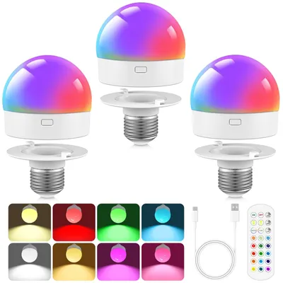 A collage of rechargeable LED light bulbs, showing different color options, a remote control, and charging cables.