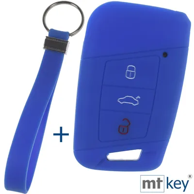 Produktbild von Auto Schlüssel Silikon Schutz Hülle + Schlüsselband Blau Kompatibel mit VW Passat B8 Arteon Skoda Kodiaq 3 Tasten KEYLESS SMARTKEY