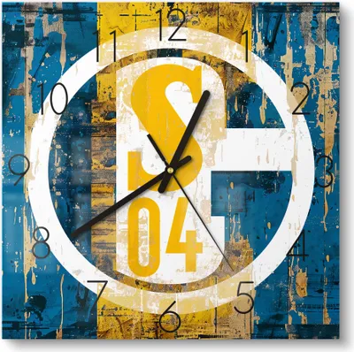 Produktbild von DEQORI Glasuhr 30x30 cm Zahlen 'Wappen Schalke 04' Wanduhr Glas Uhr Design leise Küchenuhr