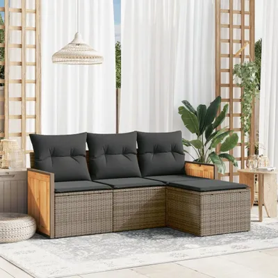 Produktbild von Design 4-tlg. Garten-Sofagarnitur mit Kissen Grau Poly Rattan, Gartenmöbel-Sets 2024 Neu