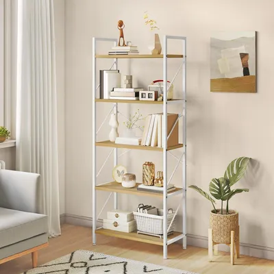 Bücherregal 5 Ebenen, 60x30x158 cm, weiß/eiche, Metallrahmen