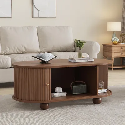 Produktbild von STILVORA Couchtisch mit 2 180-Grad-Schiebetüren,Sofatisch platzsparendes mit Stauraum,Ovaler Beistelltisch aus MDF,braun