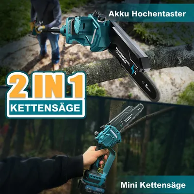Produktbild von 2-in-1 Mini Kettensäge 8 Zoll mit Teleskopstange, 1200W Bürstenlose Teleskop Kettensäge mit 2 Akku, 50ml Öltank, Arbeitsreichweite 4M