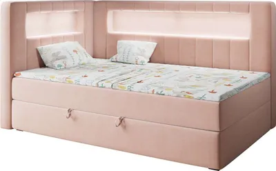Produktbild von Polsterbett 90x200, Kinderbett mit LED, Matratze und Topper - JUNIOR-GOLD-3 - Rosa - Linke Seite