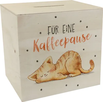 Produktbild von Relaxte Katze Spardose aus Holz mit Spruch Für eine Kaffeepause