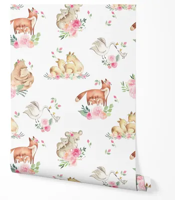 Zdjęcie produktu dla TAPETA NA ŚCIANĘ DZIECIĘCE ZWIERZĄTKA LIŚCIE BIAŁE TŁO DO POKOJU DZIECKA 5m x 0.5m