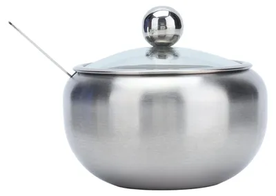 Produktbild von Zuckerdose aus Edelstahl mit Deckel, glänzend, integrierter Löffel, langlebig, rostfrei, oxidationsbeständig, Behälter aus Stahl, transparent