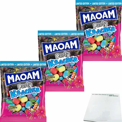 Produktbild von Haribo Maoam Party Kracher mit prickelnder Brausefüllung 3er Pack (3x200g Packung) + usy Block