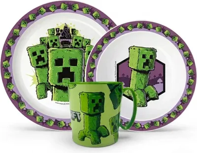 Produktbild von Minecraft Creeper Kinder Geschirr-Set 3 teilig Becher 350 ml Teller Schüssel