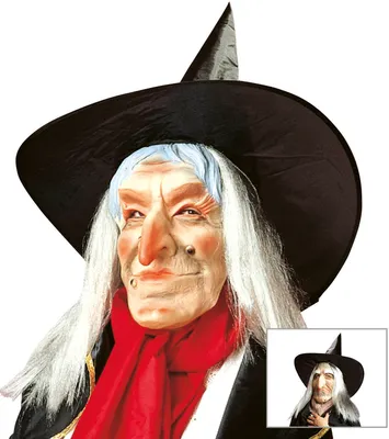 Produktbild von HEXEN MASKE MIT HAAREN UND HUT in 2 Modellen sort.