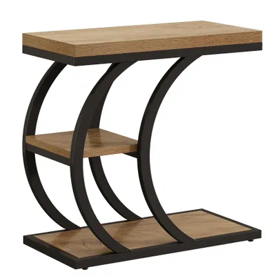 Produktbild von Tribesigns Beistelltisch fürs Wohnzimmer, 3-stufiger schmaler C-förmiger Couchtisch aus Holz mit Stauraum, industrieller Nachttisch, 60 x 30 x 60 cm