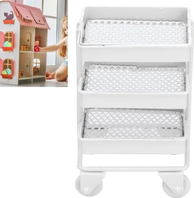 Immagine prodotto di 1:12 Mini casa delle bambole giocattolo, scaffale a 3 ripiani con ruote per mobili da cucina, decorazione, bianco