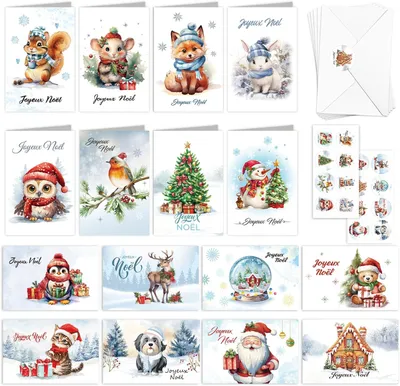 Productafbeelding van Kerstkaarten, 16 stuks, zelfklevend, met winterdieren, voor kerstgroeten