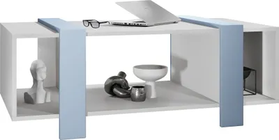 Produktbild von Vladon Couchtisch Ida 110,5 x 42 x 56,5 cm Wohnzimmertisch mit drei Fächern, Korpus in Weiß matt, Blenden in Denim matt | Große Farbauswahl