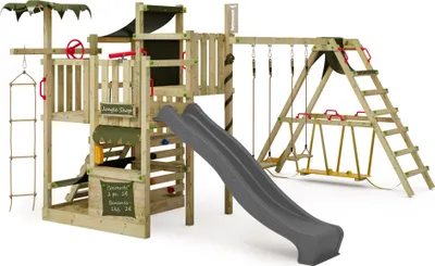 Image de FATMOOSE Tour de jeux CrazyCoconut avec balançoire & toboggan, jeu de jardin avec SurfSwing, échelle & accessoires de jeu - anthracite / vert olive