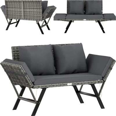 Image de CASARIA® Banc de Jardin Gris 2en1 Fonction Chaise Longue réglables polyrotin Extérieur Jardin Terrasse Balcon Canapé