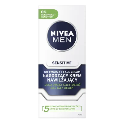 A product shot of NIVEA MEN Sensitive face cream packaging.