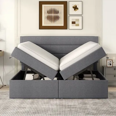 Obrázok produktu pre Abrihome čalúnená posteľ – 140x200 cm, dvojlôžko s roštom, úložný priestor pod posteľou, sivá farba