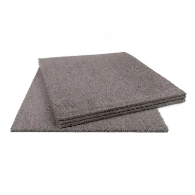 A stack of gray carpet tiles on a white background.