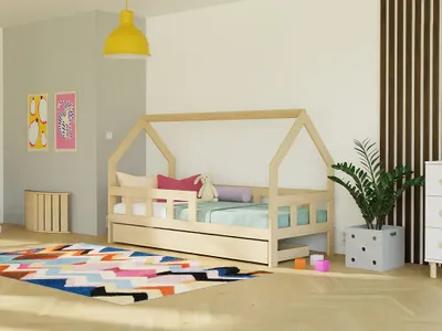 Produktbild von Kinderhausbett FENCE 2-in-1 aus Holz mit Barriere und Aufbewahrungsschublade 90x160 cm Transparente matte Wachslasur, Mit einem Rausfallschutz rechts