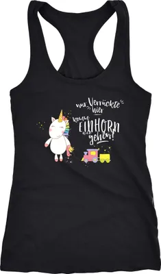 Produktbild von Damen Tanktop Nur Verrückte hier komm Einhorn wir gehen Unicorn Sprüche Spruch Racerback Moonworks® schwarz S