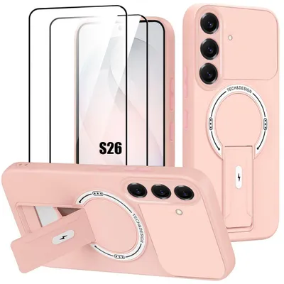 Image de Coque + 2 Verres Trempés pour Samsung Galaxy S26, Silicone avec Support et Cercle Magnétique - Rose