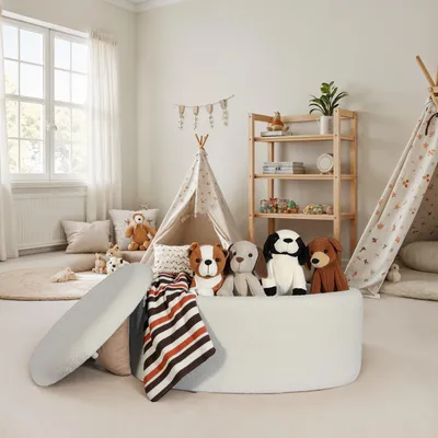 Produktbild von FineBuy Sitzhocker mit Stauraum Stoff oval 81 cm abnehmbarer Deckel Polsterhocker modern in Creme Aufbewahrungshocker gepolstert für Wohnzimmer