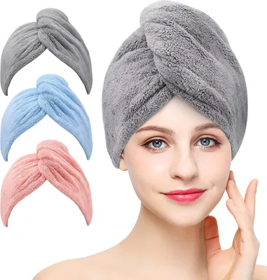 Produktbild von 3 Stück Mikrofaser Handtuch Haare Haarturban mit Knop zumTrocknen von Haaren, super saugfähig, verdrehter Turban,passend für Lange, Kurze, Locken, gerade Haare, (Grau Rosa Blau)