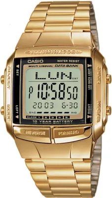 A gold Casio digital watch on a white background.