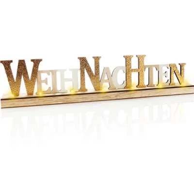 Produktbild von com-four® LED Deko Aufsteller aus Holz - beleuchteter Schriftzug auf Holzsockel - Deko-Schriftzug zum Hinstellen für Weihnachten - Stimmungslicht mit Timer